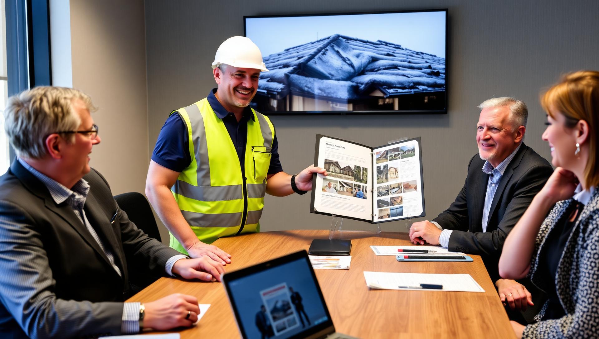 A roofing contractor presenting credentials and a printed proposal binder to a strata council during an evening meeting in British Columbia