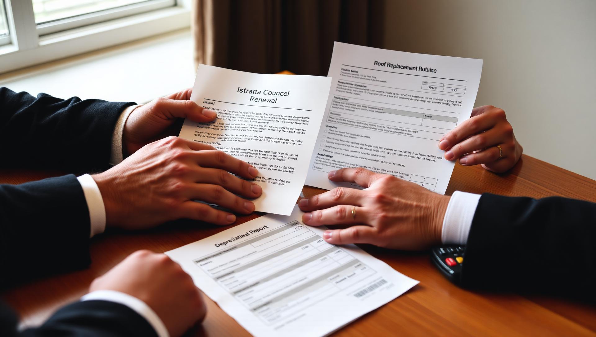 Hands of strata council members reviewing an insurance renewal letter, a roof replacement quote, and a depreciation report on a wooden table in British Columbia