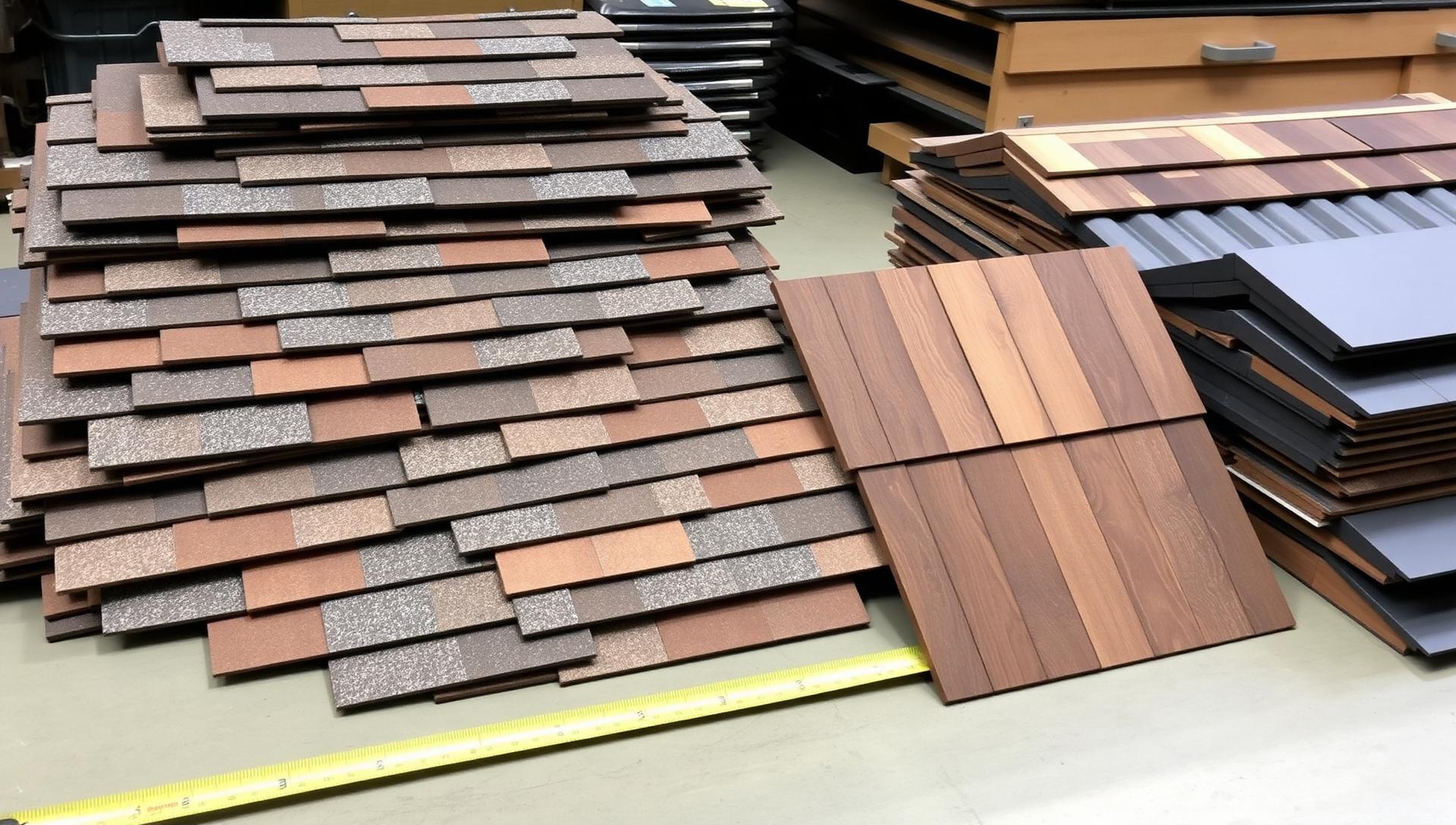 Roofing material samples — asphalt shingles, TPO membrane, metal panels, and SBS modified bitumen — laid out for comparison on a workbench