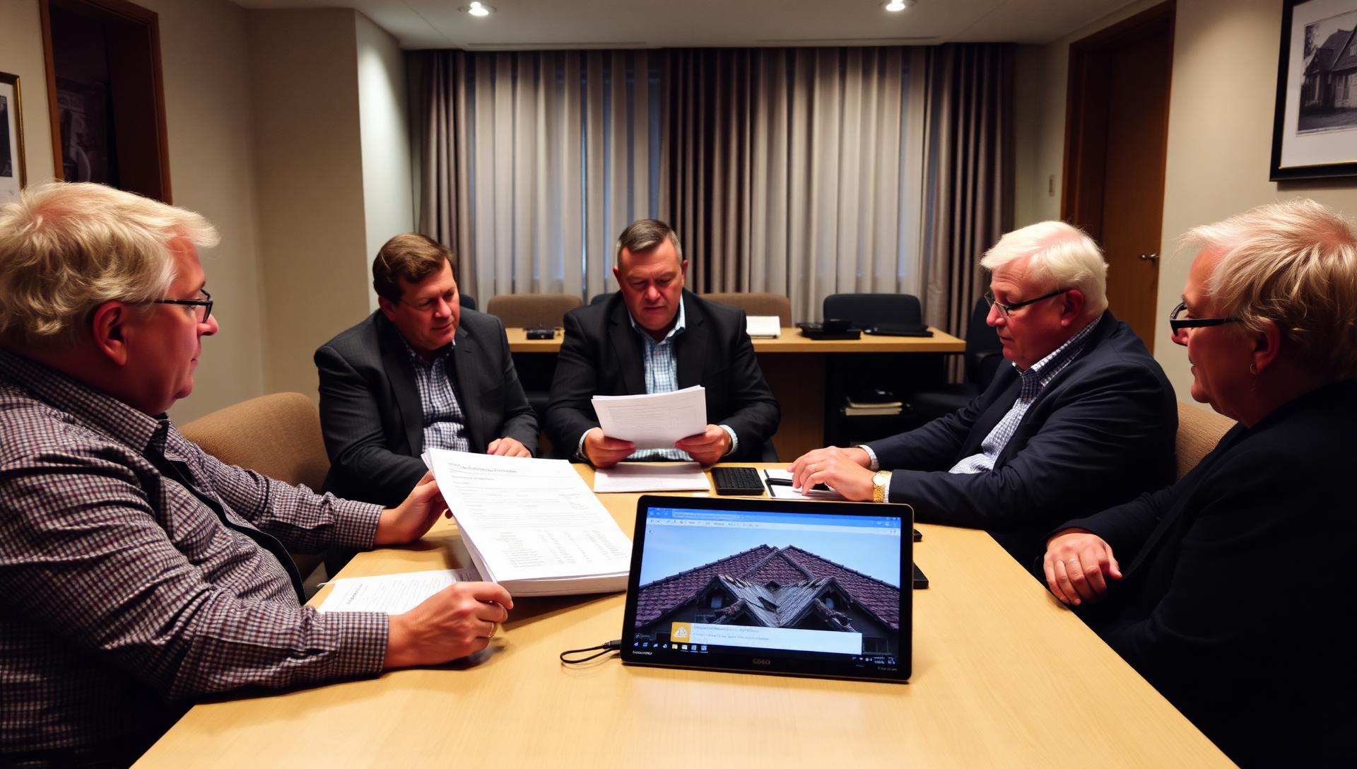 Strata council members reviewing roofing information on laptops and printed reports during a council meeting in British Columbia